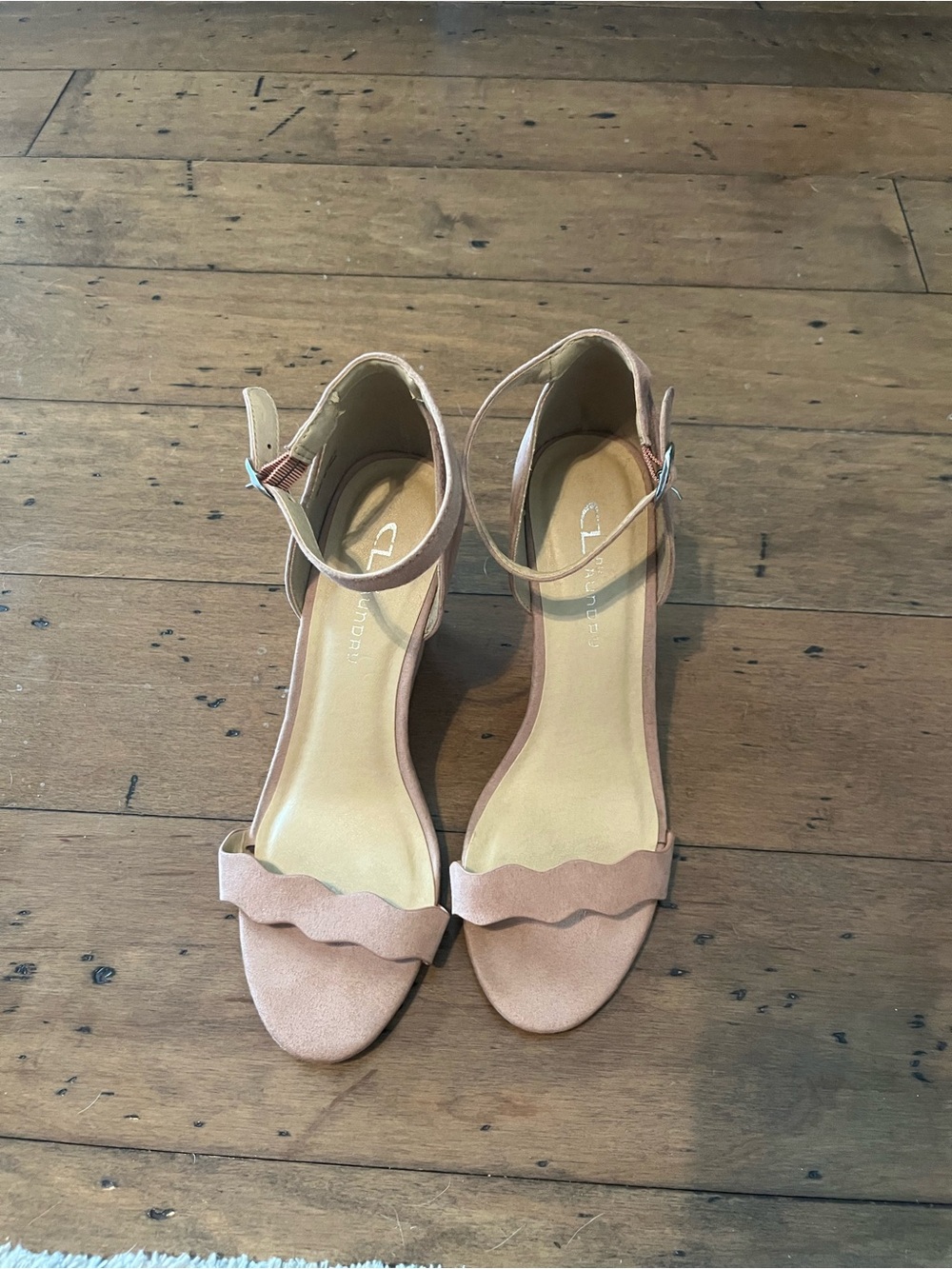 Chinese Laundry Scalloped Ankle-Strap Wedges in Blush